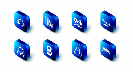 Set Roller coaster, Toy train, Seesaw, Jumping trampoline, Vintage bicycle, Weight, and Juggling ball icon. Vector