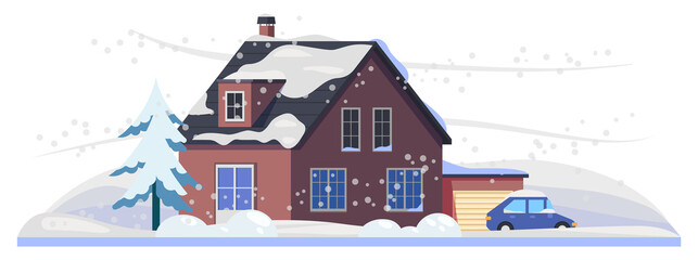 Snow and house under winter snowfall, cold weather