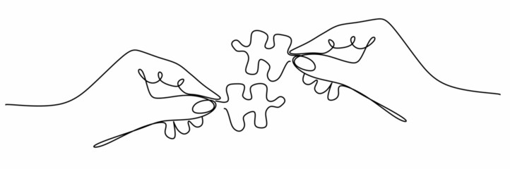 horizontal continuous drawing with a single line with puzzles in your hands. Business decisions, success, strategy and time