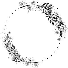 Round decorative floral border. Vector doodle leaf wreath. Drawn circle flower desing