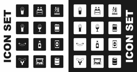 Set Beer tap with glass, Glass of beer, Metal keg, Pack bottles, can and Sausage icon. Vector