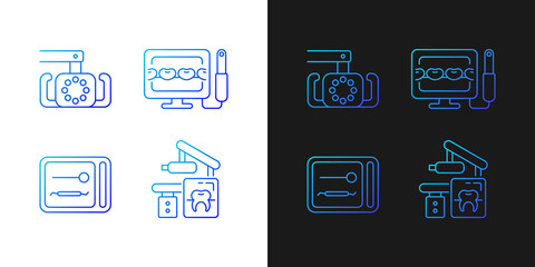 Dental devices gradient icons set for dark and light mode. Lightening oral cavity. Sterilizer box. Thin line contour symbols bundle. Isolated vector outline illustrations collection on black and white