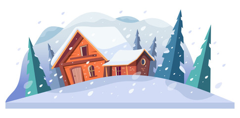 House under winter snow, cold weather snowfall