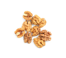 Fototapeta na wymiar Pile of peeled walnuts on white background, top view