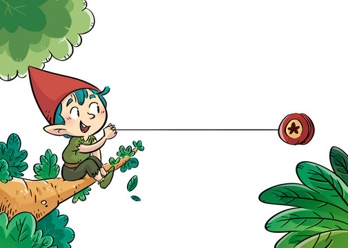Illustration of a gnome playing in a tree