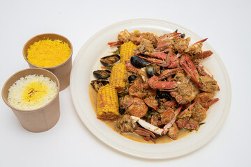 Homemade Cajun Seafood Boil with Lobster Crab and Shrimp with rice
