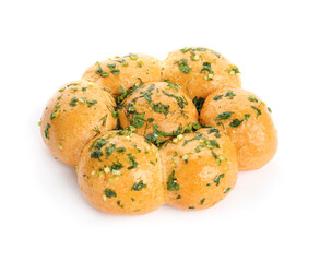 Traditional pampushka buns with garlic and herbs on white background