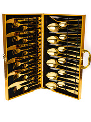 cutlery set in suitcase on white background