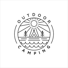 camping logo line art simple minimalist vector illustration template icon design. adventure and wanderlust symbol for activity outdoor night camp with badge concept