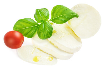 Mozzarella cheese with basil leaves and tomato   isolated on white background. Slices of Mozzarella