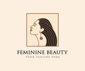Hand drawn feminine woman beauty minimal face and floral botanical logo template for makeup spa salon skin & hair care line art portrait vector printable