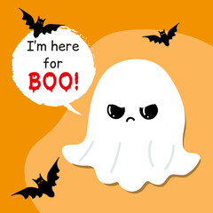 Halloween concept card with ghost on orange background. Vector hand drawn cartoon kawaii character illustration