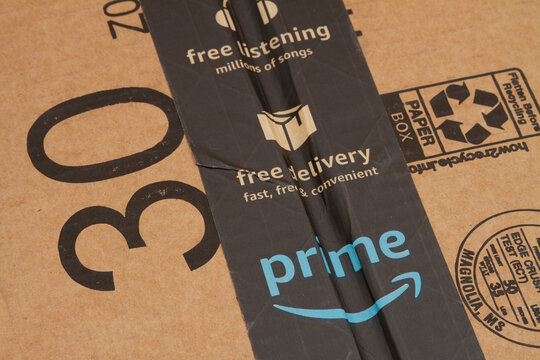 Editorial use only. An Amazon packaging box with prime tape