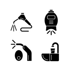 Going to dentist black glyph icons set on white space. Moistening patient mouth. Teeth whitening machine. LED curing light. Dental spit bowl. Silhouette symbols. Vector isolated illustration