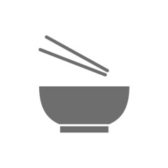 Noodle soup, bowl with chopsticks grey icon.