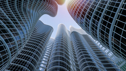 3D rendering glass buildings on blue sky background.