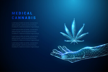 Abstract blue giving hand with cannabis leaf