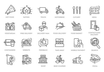 Food delivery - thin line web icon set. Outline icons collection