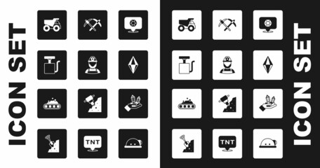 Set Gem stone, Miner in a helmet, Handle detonator, Mining dump truck, Pickaxe, and Conveyor belt carrying coal icon. Vector © Kostiantyn