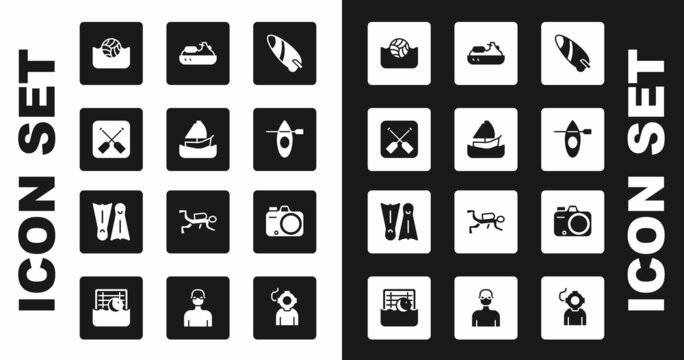Set Surfboard, Yacht sailboat, Paddle, Water polo, Kayak and paddle, Jet ski, Photo camera and Flippers for swimming icon. Vector