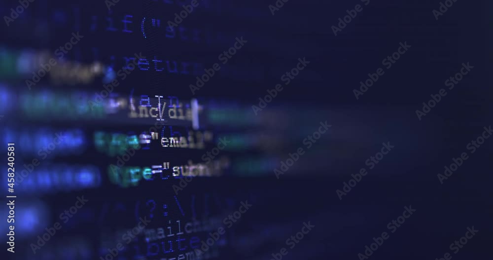 Aufkleber 4K Close up shot HTML tag code on PC Monitor scroll down on blue screen. Background concept for programming and coding web development.