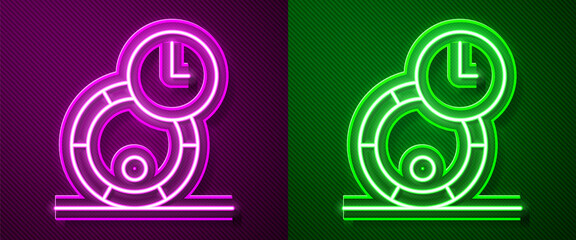 Glowing neon line Wooden barrel for wine icon isolated on purple and green background. Aging of wine in a barrel. Vector