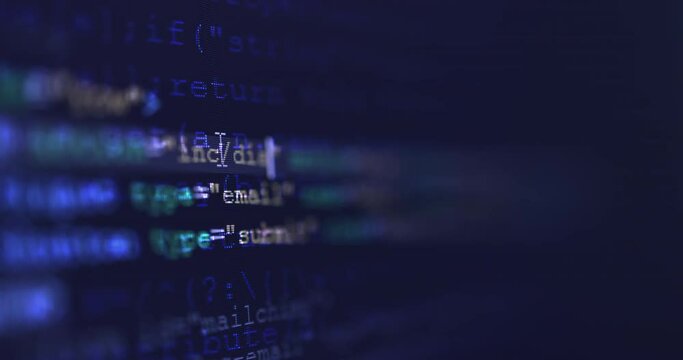4K Close up shot HTML tag code on PC Monitor scroll down on blue screen. Background concept for programming and coding web development.