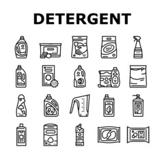 Detergent Organic Laundry Soap Icons Set Vector. Detergent Gel Container And Canister, Chemical Liquid And Powder, Pods And Balls Line. Housework Hygiene Pills Package Black Contour Illustrations