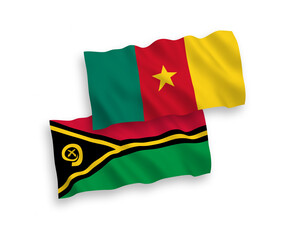 National vector fabric wave flags of Republic of Vanuatu and Cameroon isolated on white background. 1 to 2 proportion.