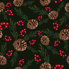 Beautiful Christmas vector seamless background with pine cones, berries and branches. Festive New Year's pattern