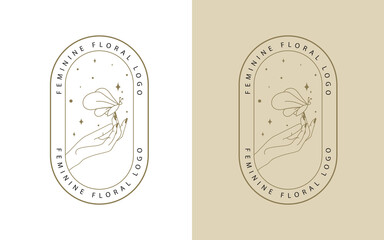 feminine Beauty boho logo collection with magical hand, nails, rose, crystal, moon, sun, star Vector illustration for icon, logo, sticker, printable and tattoo