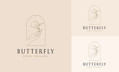 feminine Beauty boho logo collection with magical hand, nails, rose, crystal, moon, sun, star Vector illustration for icon, logo, sticker, printable and tattoo