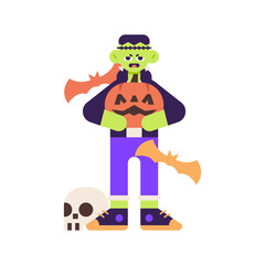 Frankenstein Halloween Costume Holding Pumpkin Illustration