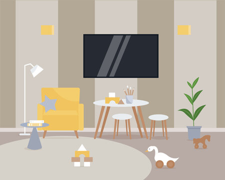 Living room with furniture. Cozy interior with armchair, table, flowerpot and TV. Vector illustration in flat style