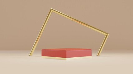 3D rendering of white and gold color podium with minimal background of gold rectangle pipe. Stage show mockup with shapes and geometry.