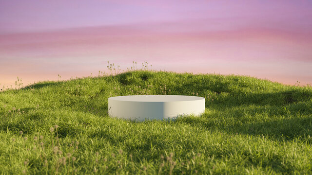 White podium in the middle of the meadow, minimalist, natural cosmetic background, grass hill, with pink sky background, for cosmetic pedestal, product base, etc.
