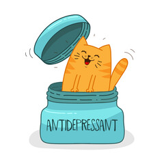 Cat in box, antidepressant pill, vector illustration