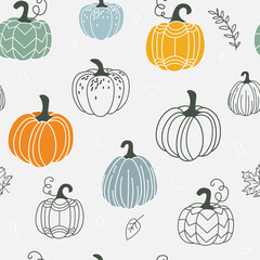 Pumpkin seamless pattern vector illustration. Gourds in flat simple modern doodle style with floral elements. For thanksgiving, halloween, autumn harvest design