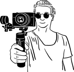 Man holding Video camera Content creator production Hand drawn line illustration