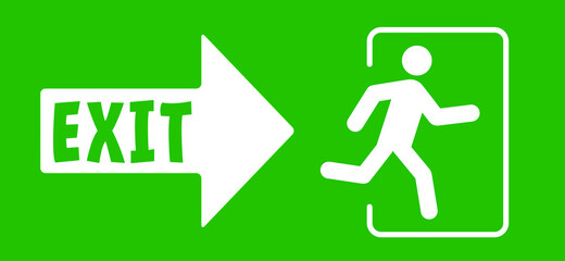 Arrow exit route. Sgnpost leave or enter. Emergency exit sign. Evacuation fire escape door. Flat vector green icon or pictogram. Symbol of fire exigency.
