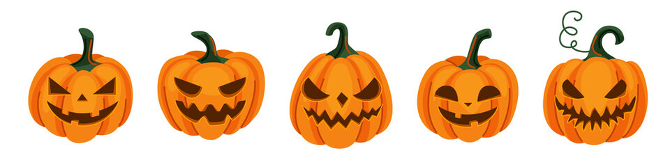 Halloween pumpkin set with scared, horror and smile face, vector illustration. Cartoon gourd with emotion in modern flat style isolated on white background. Autumn creepy decoration