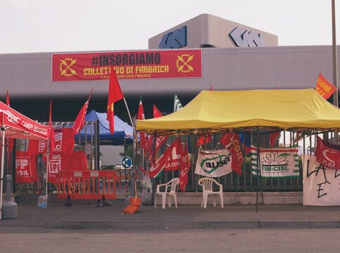 Province of Florence, Italy, July 24th 2021, shot of the entrance of "GKN" company during workers's protest.