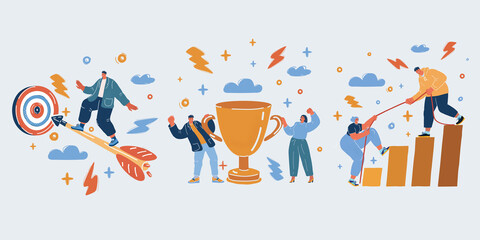 Vector illustration of success people. Man fly on arrow to garget. Team with thropy gold cup, man help woman reach next level.