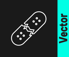 White line Broken skateboard deck icon isolated on black background. Extreme sport. Sport equipment. Vector
