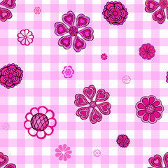 Abstract flowers random seamless pattern on gingham background. Pink floral motifs irregular repeat surface design. Cute girlish endless texture. Textile, gift paper or notebook cover background.