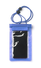 Smartphone in blue plastic waterproof dry pouch - obrazy, fototapety, plakaty