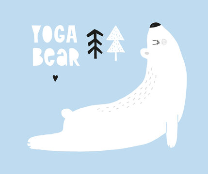 Yoga Bear. Cute Vector Illustration with Funny Big White Bear Doing the Sun Salutation Yoga Position. Hand Drawn Polar Bear on a Powder Blue Background. Nursery Art ideal for Card, Wall Art, Poster.