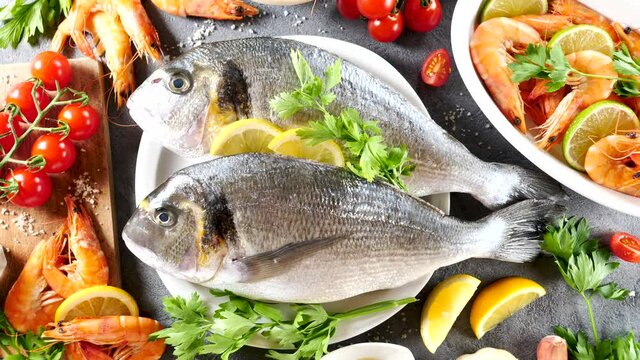 fresh fish and seafood- top view