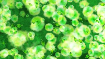 舞う葉　滲む緑色　水彩風背景