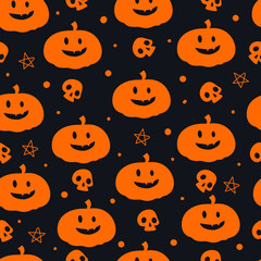 Halloween seamless pattern. Black background with pumpkins, skulls and stars